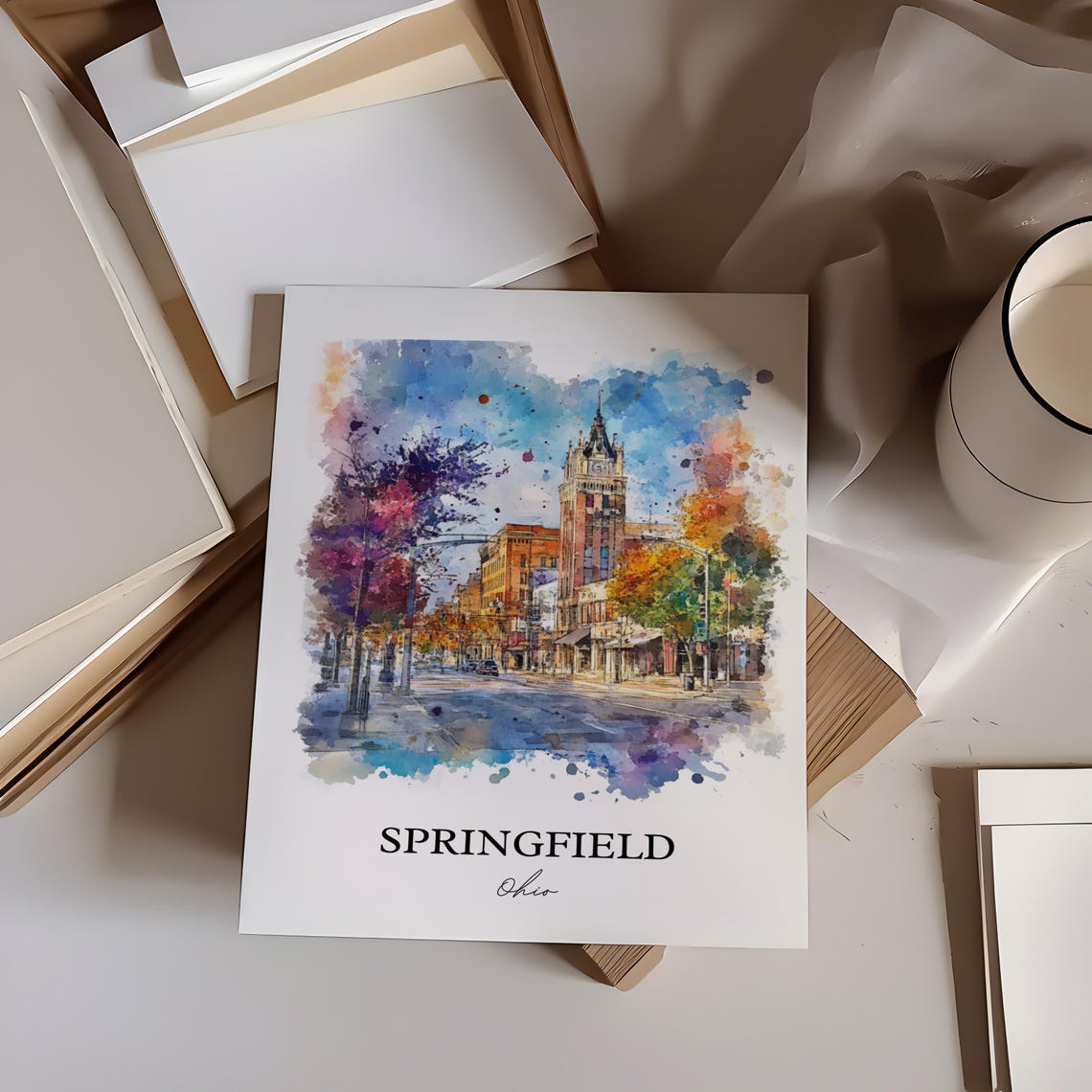 Springfield Ohio Watercolor Downtown Clock Tower Street Poster - Image 2