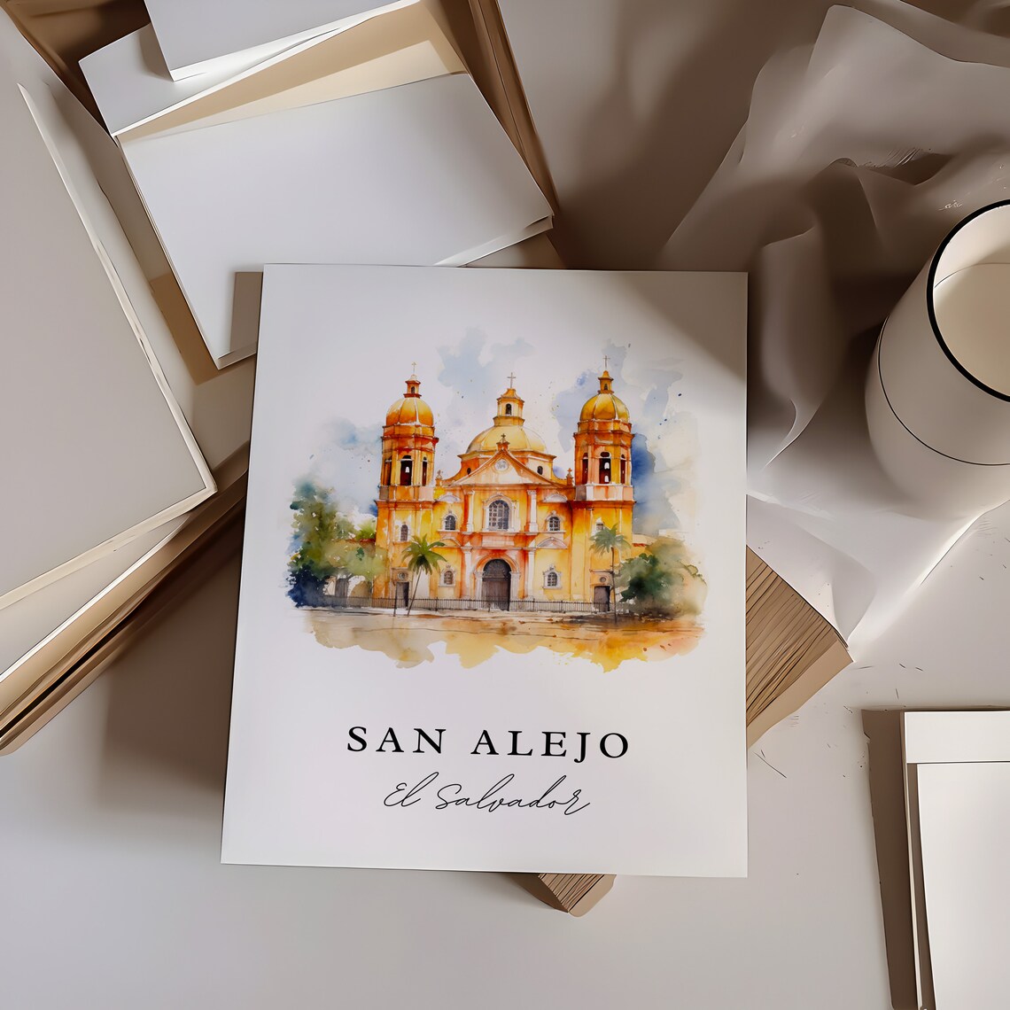 San Alejo El Salvador Golden Church Watercolor Travel Poster - Image 6