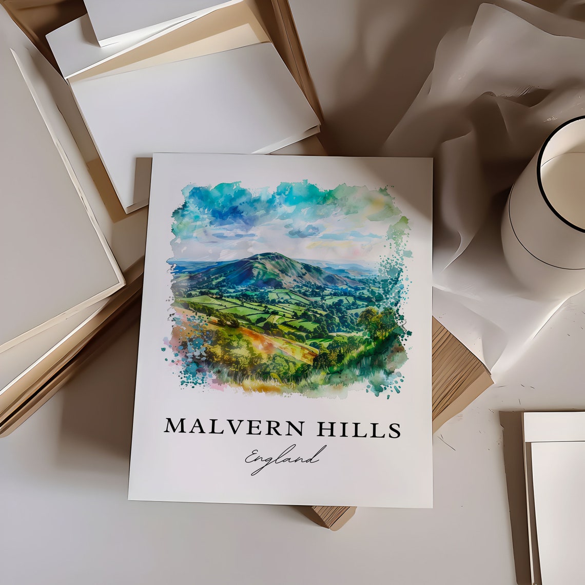 Malvern Hills England Rolling Green Hills Watercolor Travel Poster - Image 6