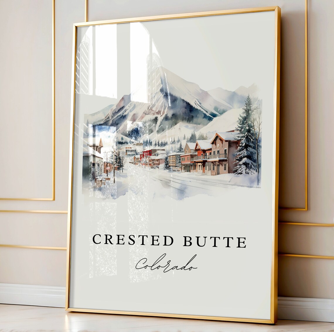 Crested Butte Colorado Snowy Mountain Town Watercolor Travel Poster - Image 4