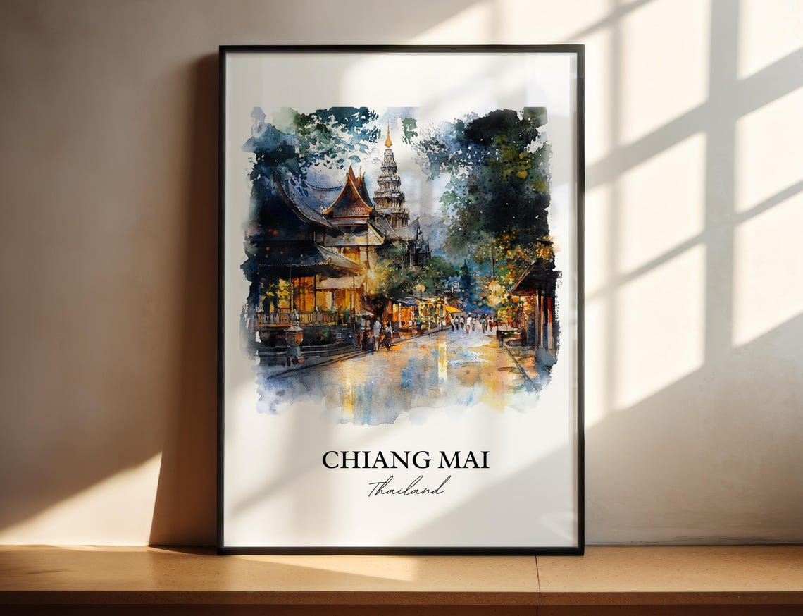 Chiang Mai Thailand Night Street Temple Watercolor Travel Poster