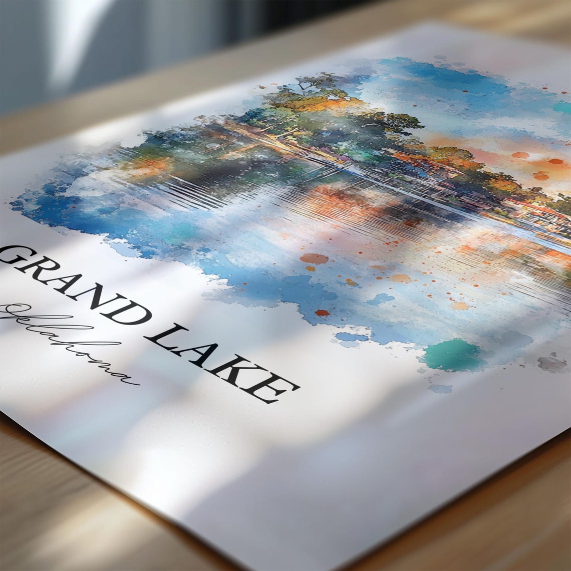 Grand Lake Oklahoma Sunset Lakeshore Cabins Watercolor Poster - Image 6