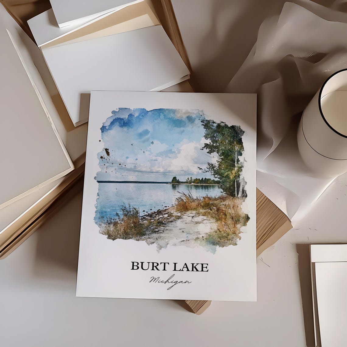Burt Lake Michigan Peaceful Grassy Shore Path Calm Water Poster - Image 3