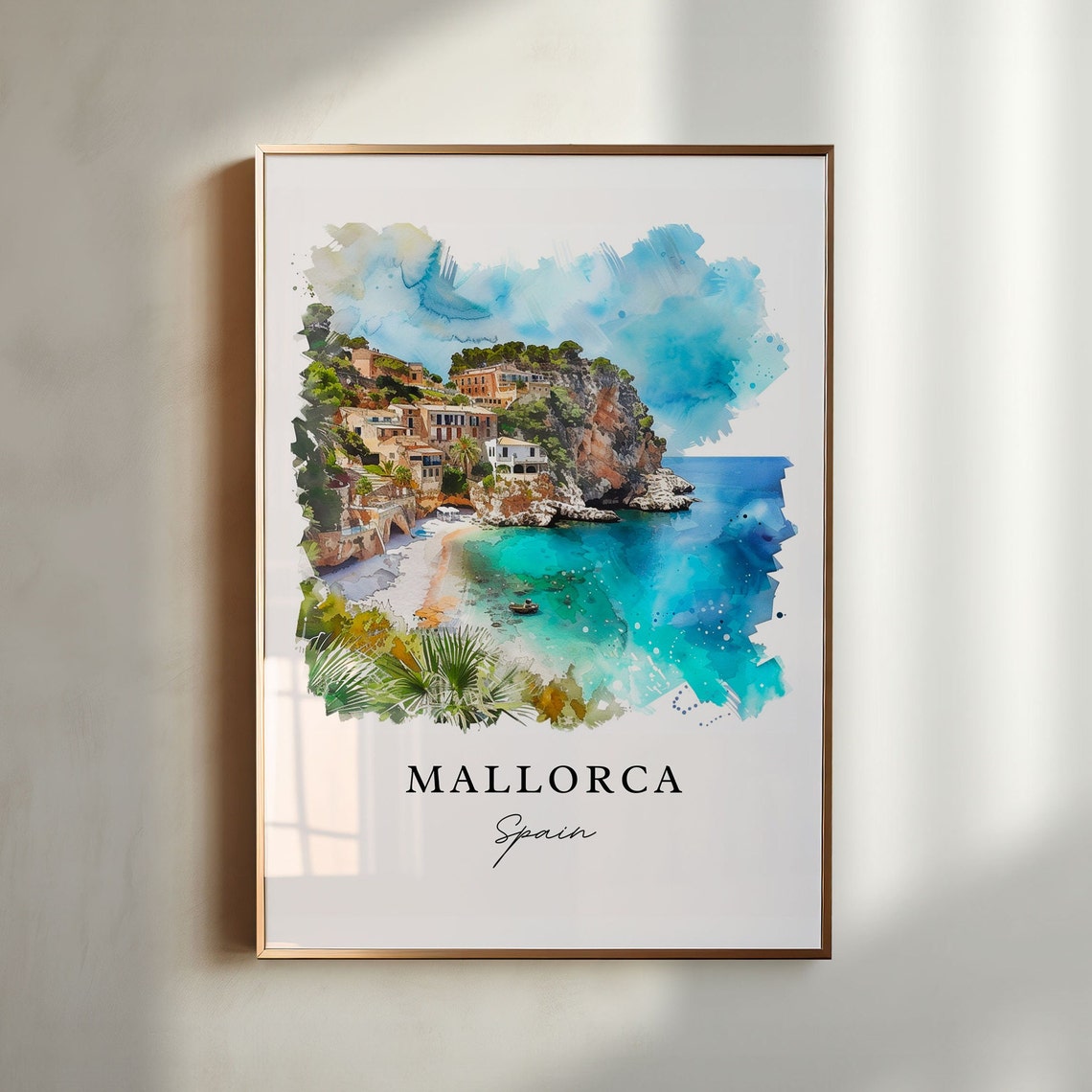 Mallorca Spain Watercolor Turquoise Cove Cliffs Beach Poster