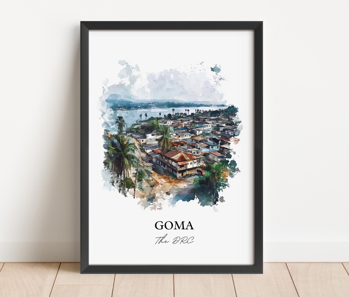 Goma Congo Watercolor Cityscape Lakeside Town Gift Art Poster - Image 4