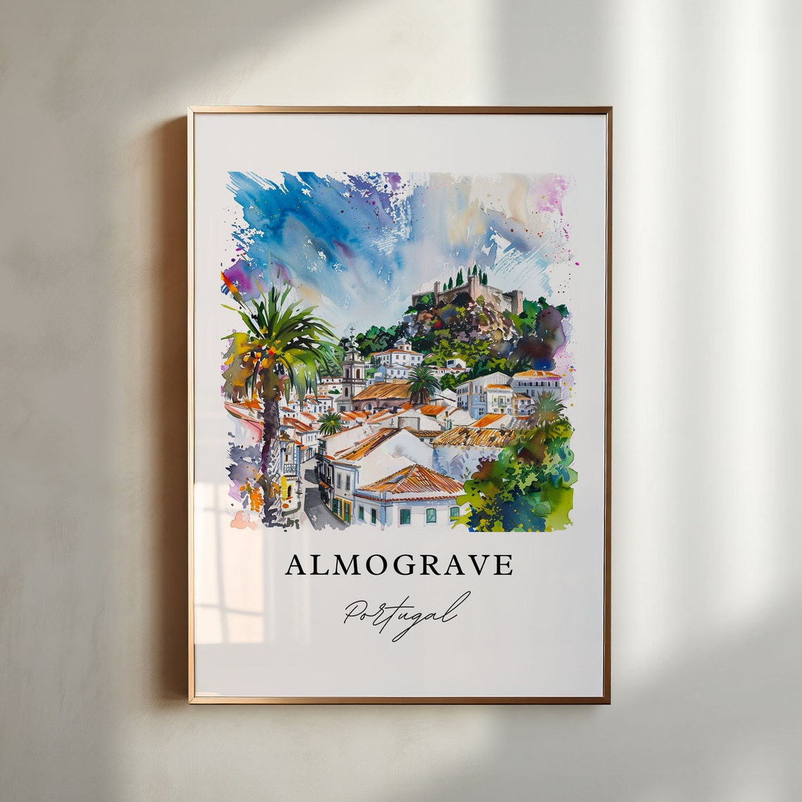 Almograve Portugal Whitewashed Village Watercolor Travel Wall Art