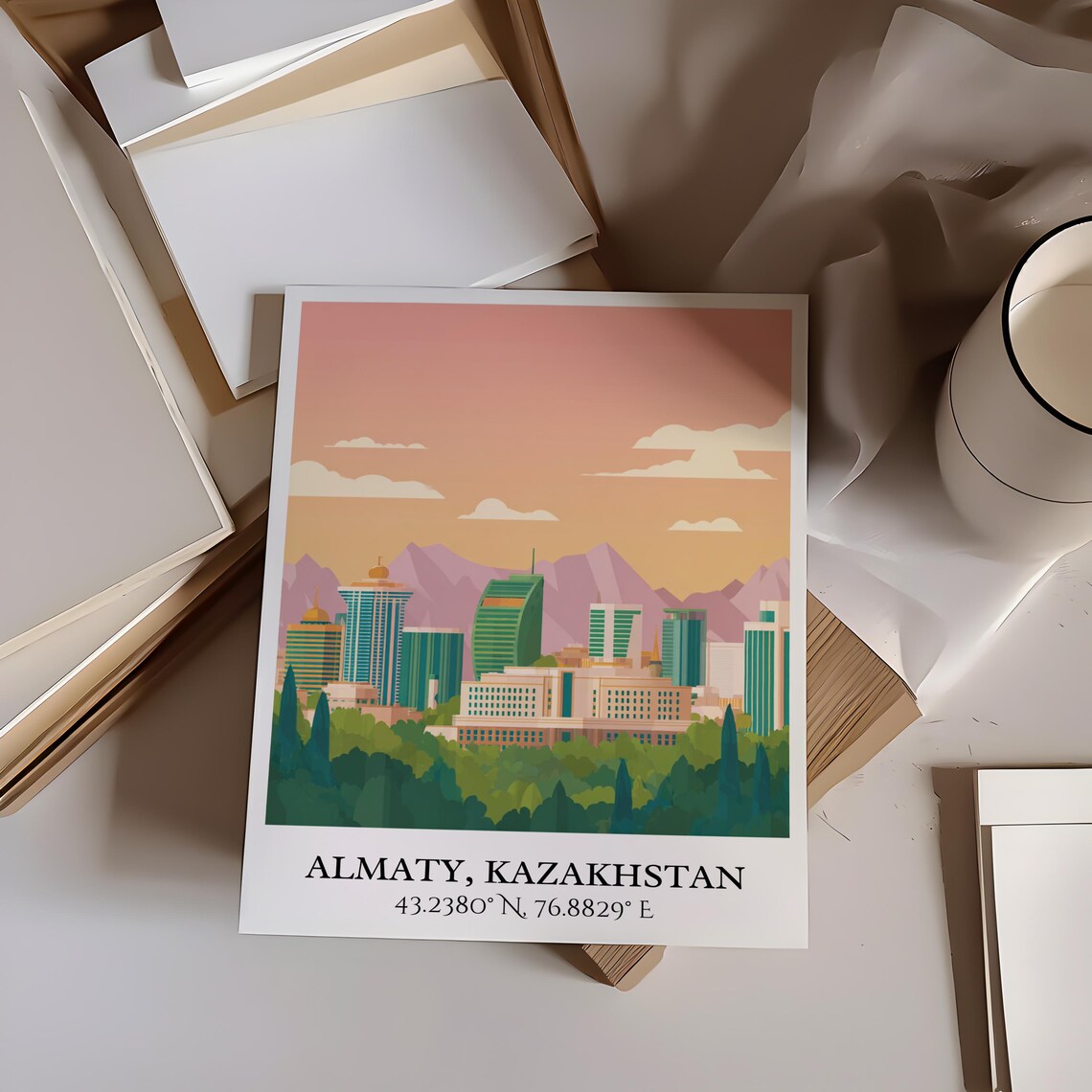 Almaty Kazakhstan Mountain Skyline Sunset Retro Travel Poster - Image 5