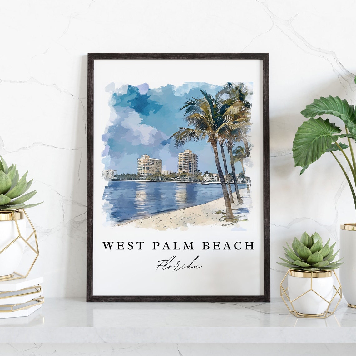 West Palm Beach Florida Palms Skyline Watercolor Travel Poster - Image 3