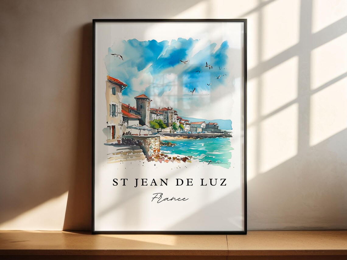 St Jean de Luz Coastal Harbor Town Watercolor France Travel Poster - Image 5