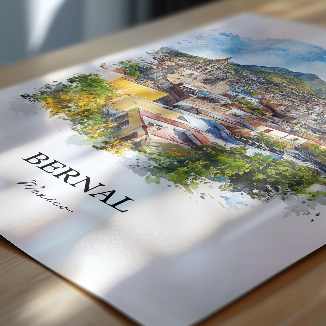 Bernal Mexico Rocky Mountain Town Church Watercolor Travel Poster - Image 6