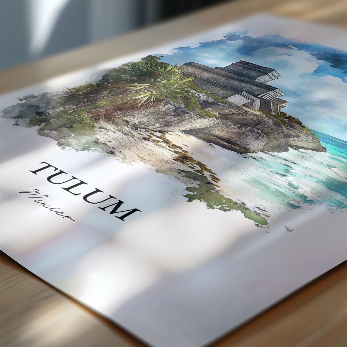 Tulum Mexico El Castillo Mayan Ruins Beach Watercolor Travel Poster - Image 6