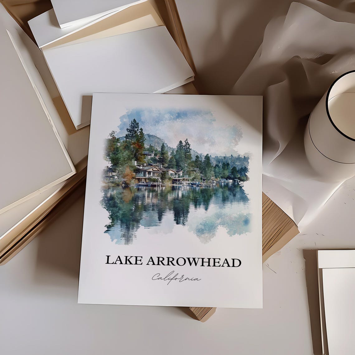 Lake Arrowhead California Lakeside Cabins Watercolor Travel Poster - Image 2