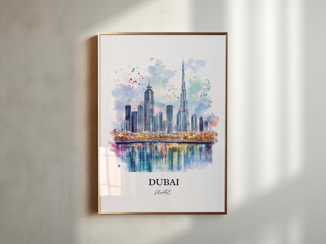 Dubai UAE Watercolor Modern Skyline Burj Khalifa Waterfront Poster - Image 2
