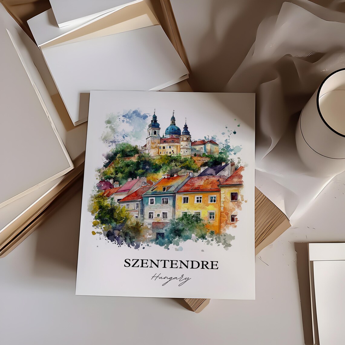 Szentendre Hungary Watercolor Hilltop Church Colorful Houses Poster - Image 3