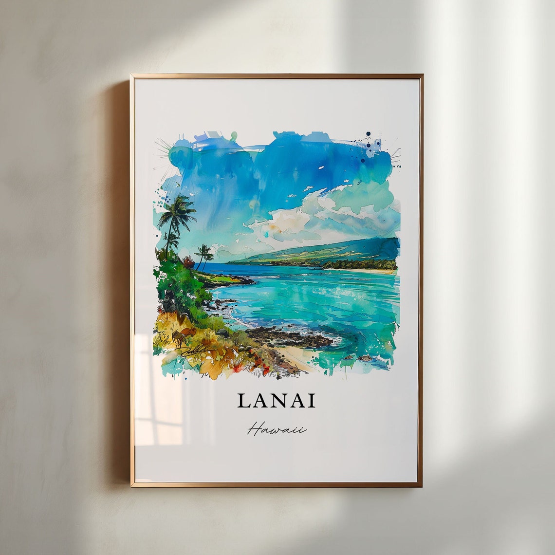 Lanai Hawaii Tropical Island Coastline Palm Beach Watercolor Poster