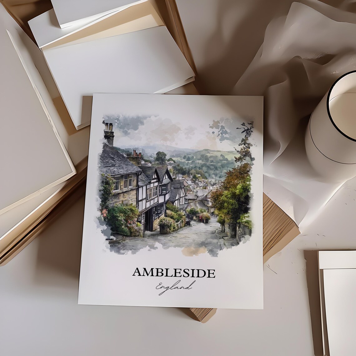 Ambleside England Village Street Watercolor Hillside Travel Art Poster - Image 2