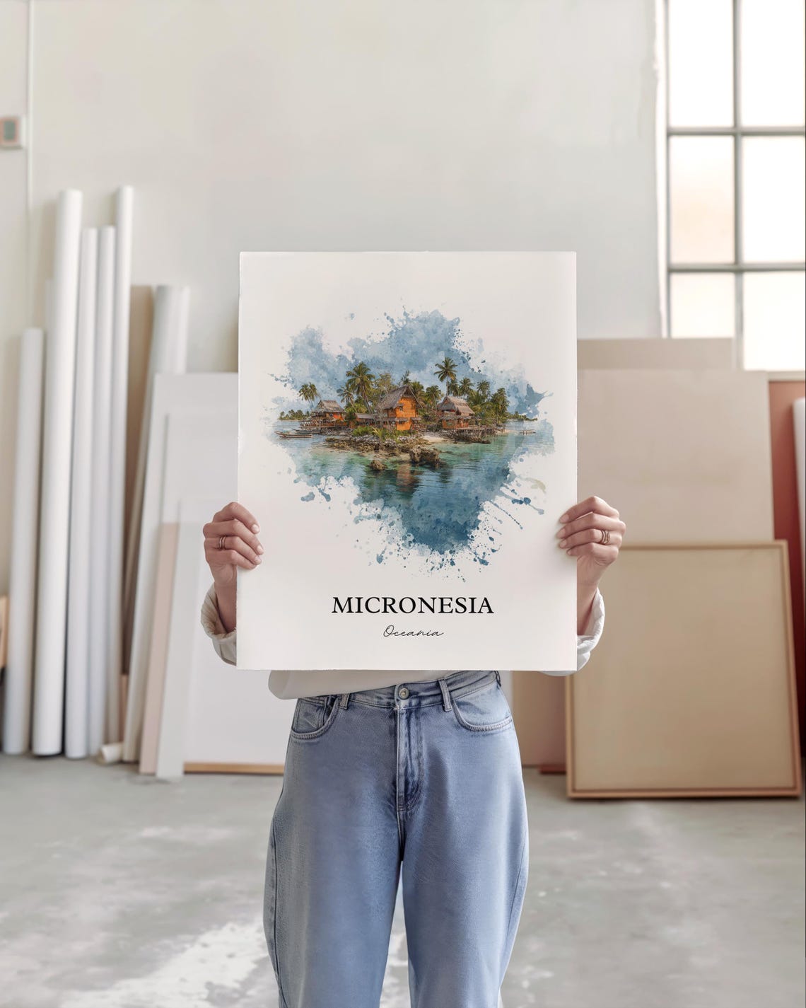 Micronesia Oceania Stilt Huts Palm Lagoon Watercolor Travel Poster - Image 4