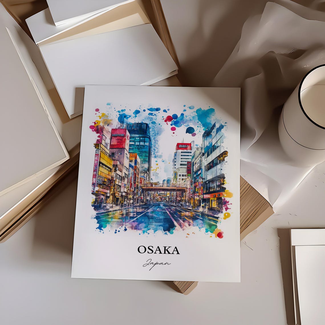 Osaka Japan Watercolor Neon City Street Nightlife Scene Poster - Image 5