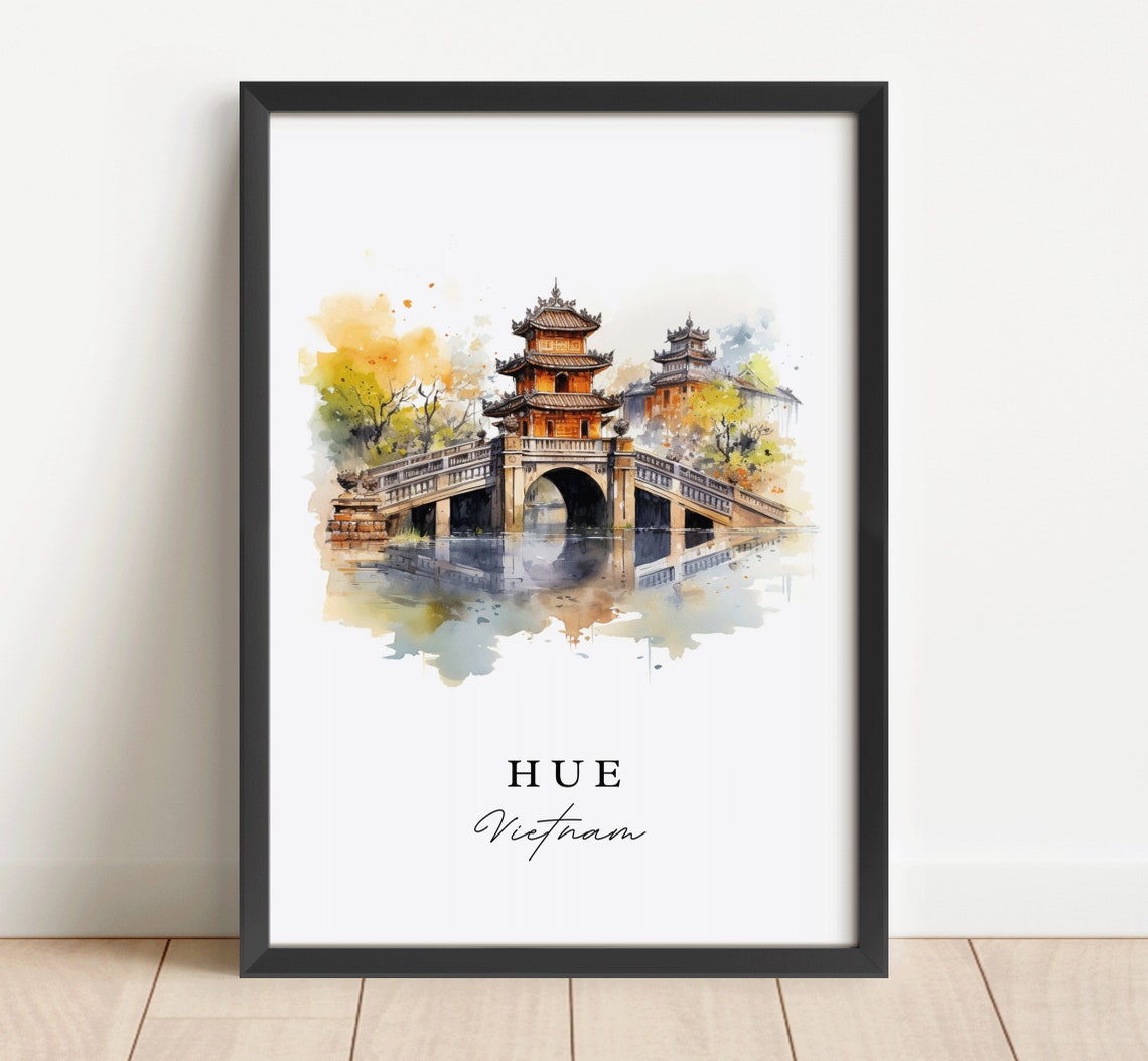 Hue Vietnam Watercolor Art Pagoda Bridge Imperial Old Town Poster - Image 3