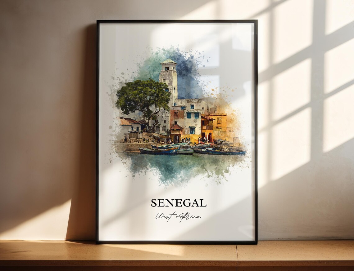 Senegal West Africa Fishing Harbor Boats Watercolor Travel Poster