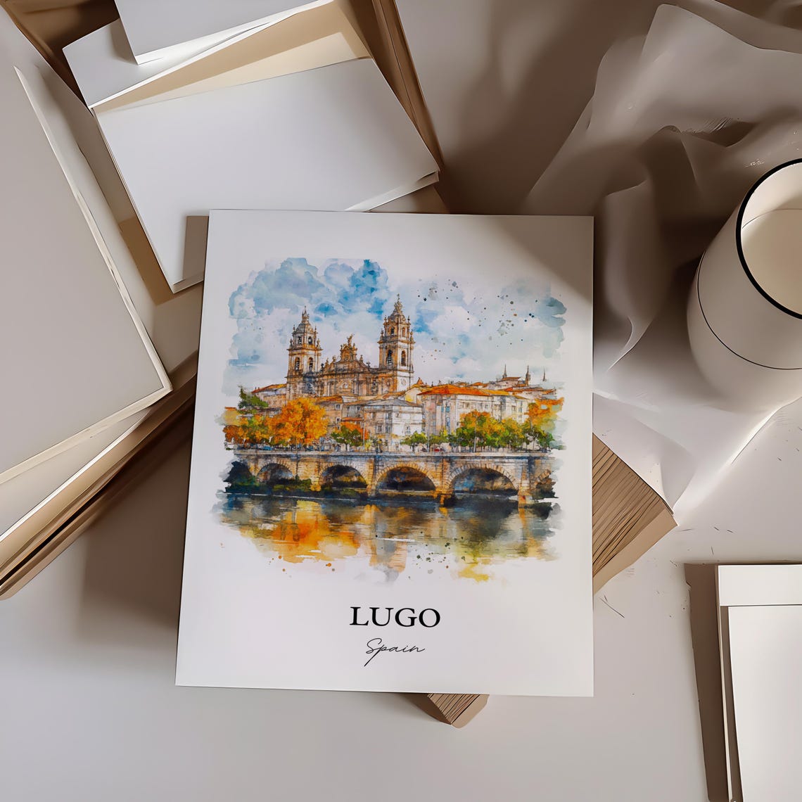 Lugo Spain Watercolor Cathedral Stone Bridge Autumn River View Poster - Image 4