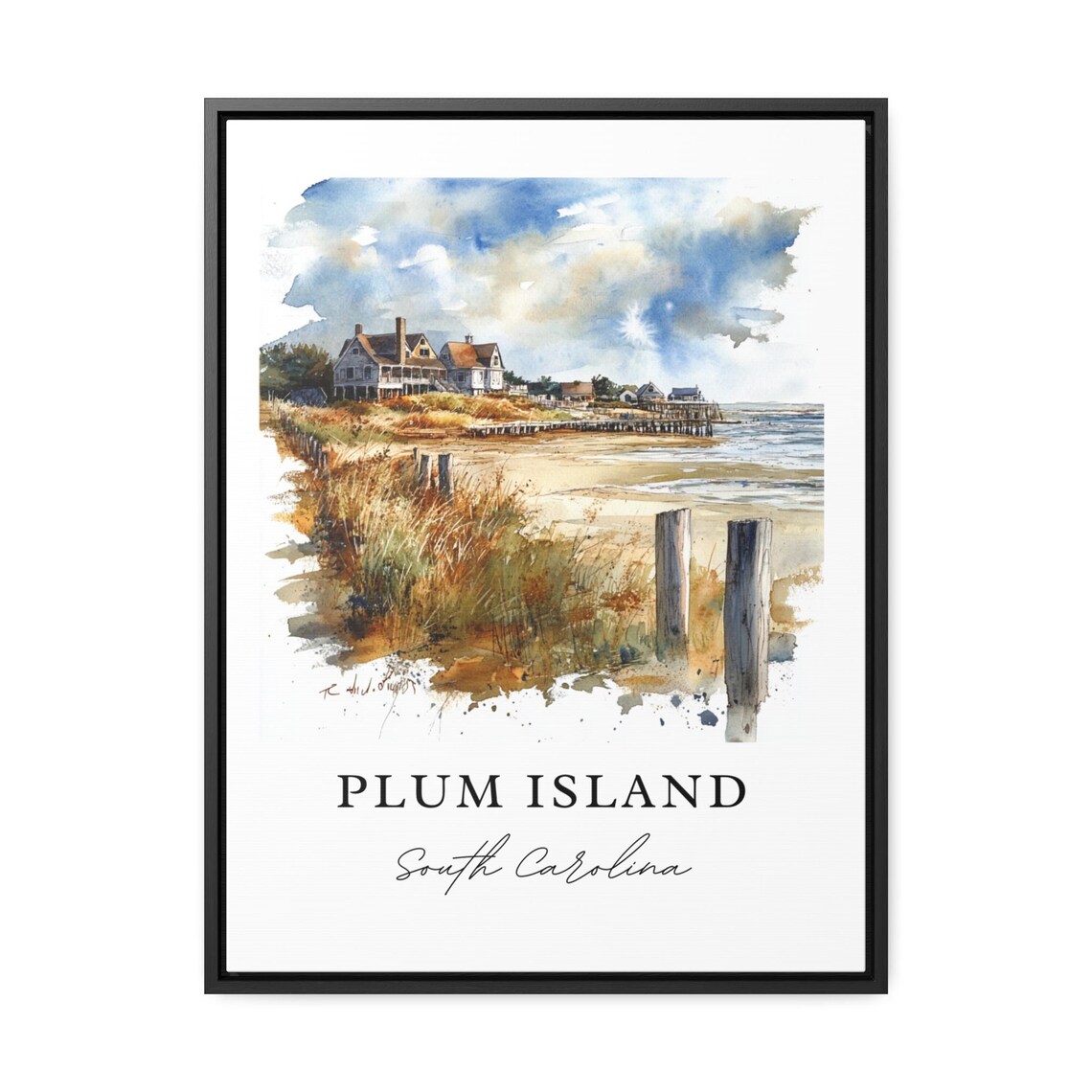 Plum Island South Carolina Beach Houses Dune Watercolor Art Poster