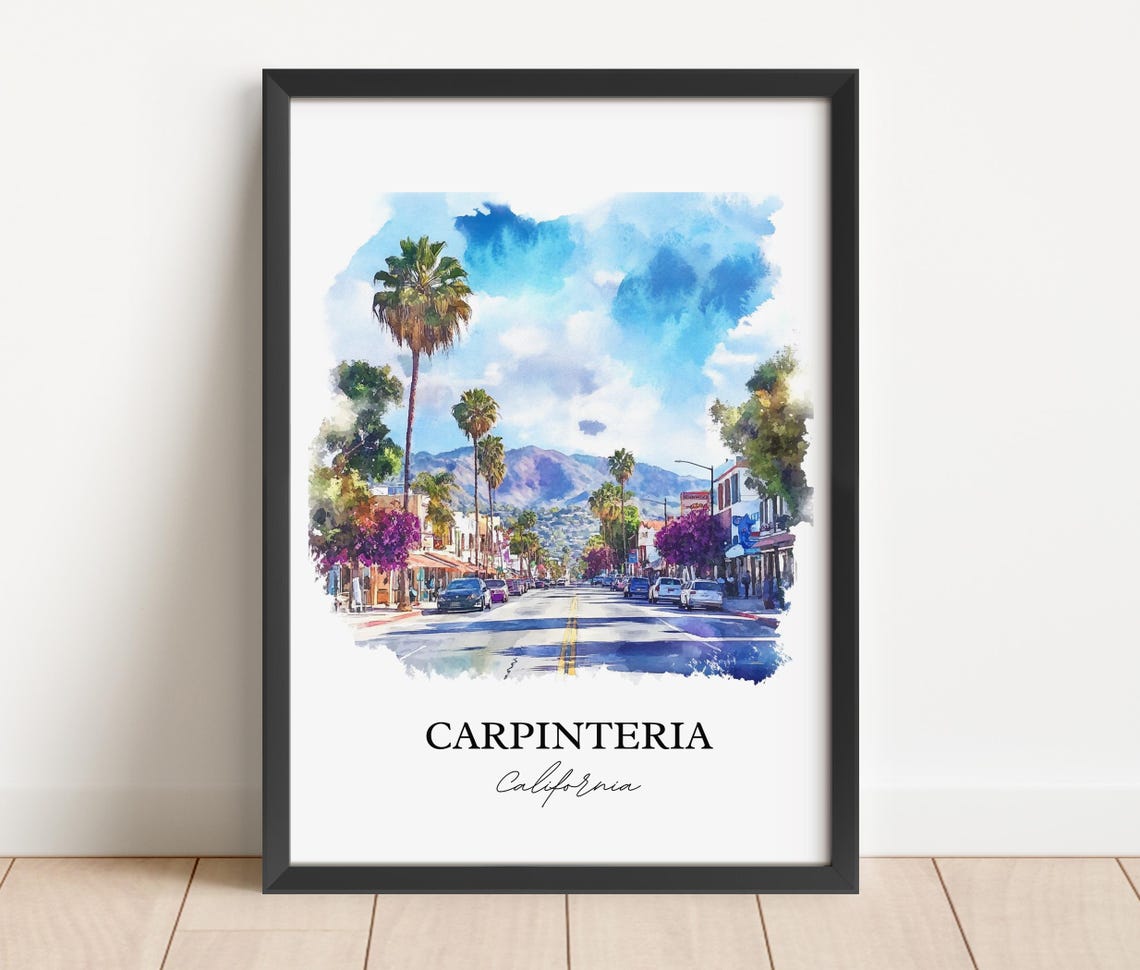 Carpinteria California Palm Lined Main Street Watercolor Poster - Image 4