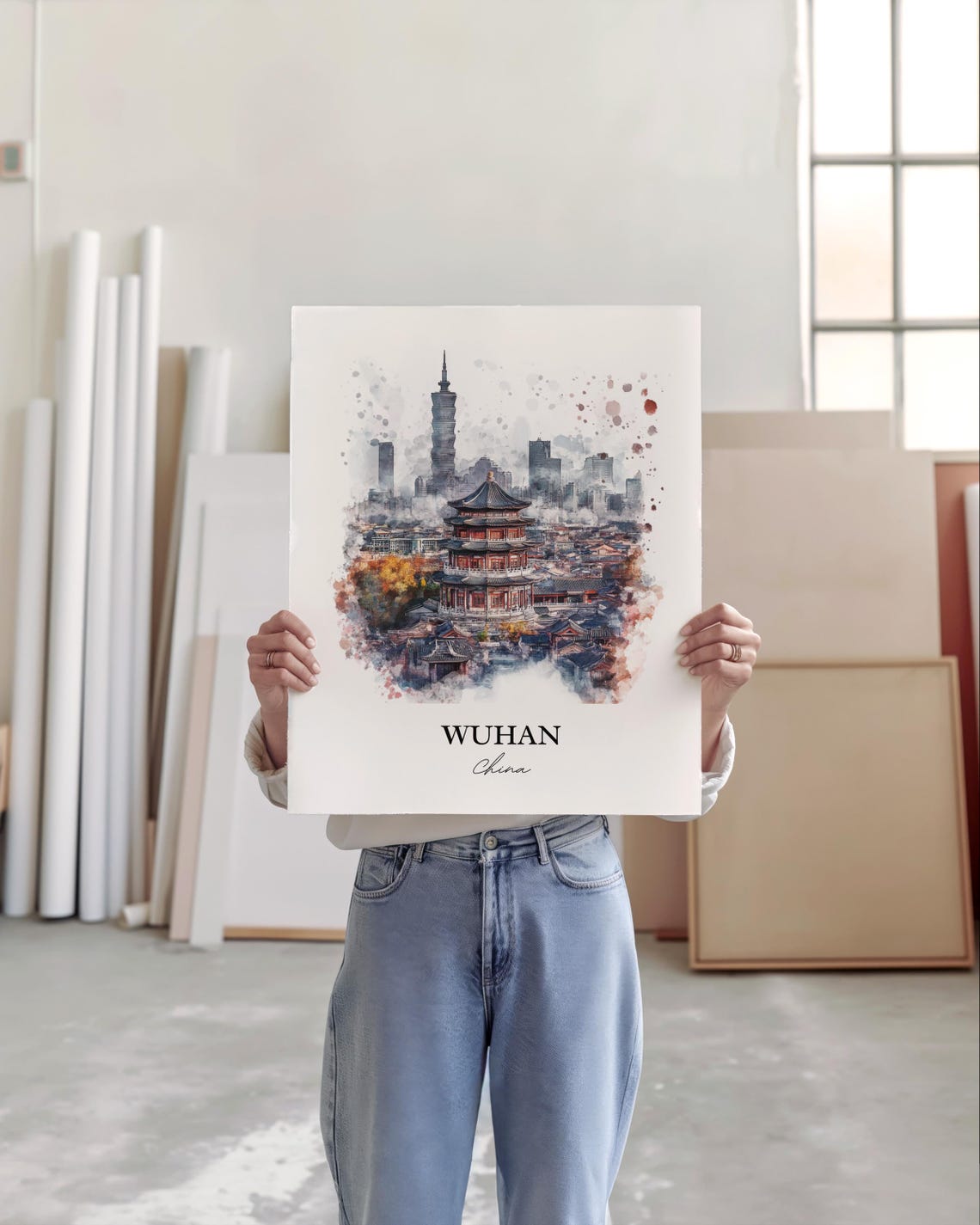 Wuhan China Yellow Crane Tower Skyline Watercolor Travel Poster - Image 5