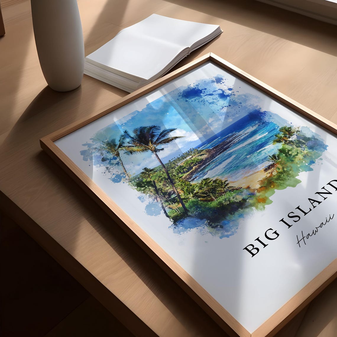 Big Island Hawaii Watercolor Palm Coast Surf Beach Scene Poster