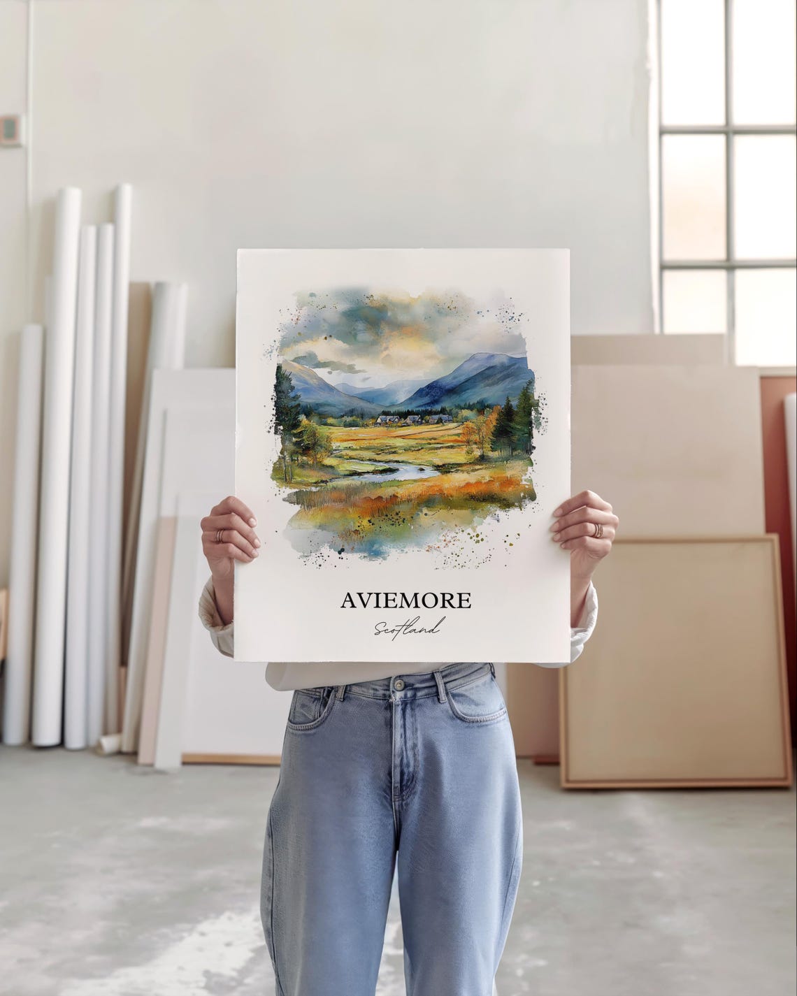 Aviemore Scotland Highland Valley River Watercolor Wilderness Poster - Image 3
