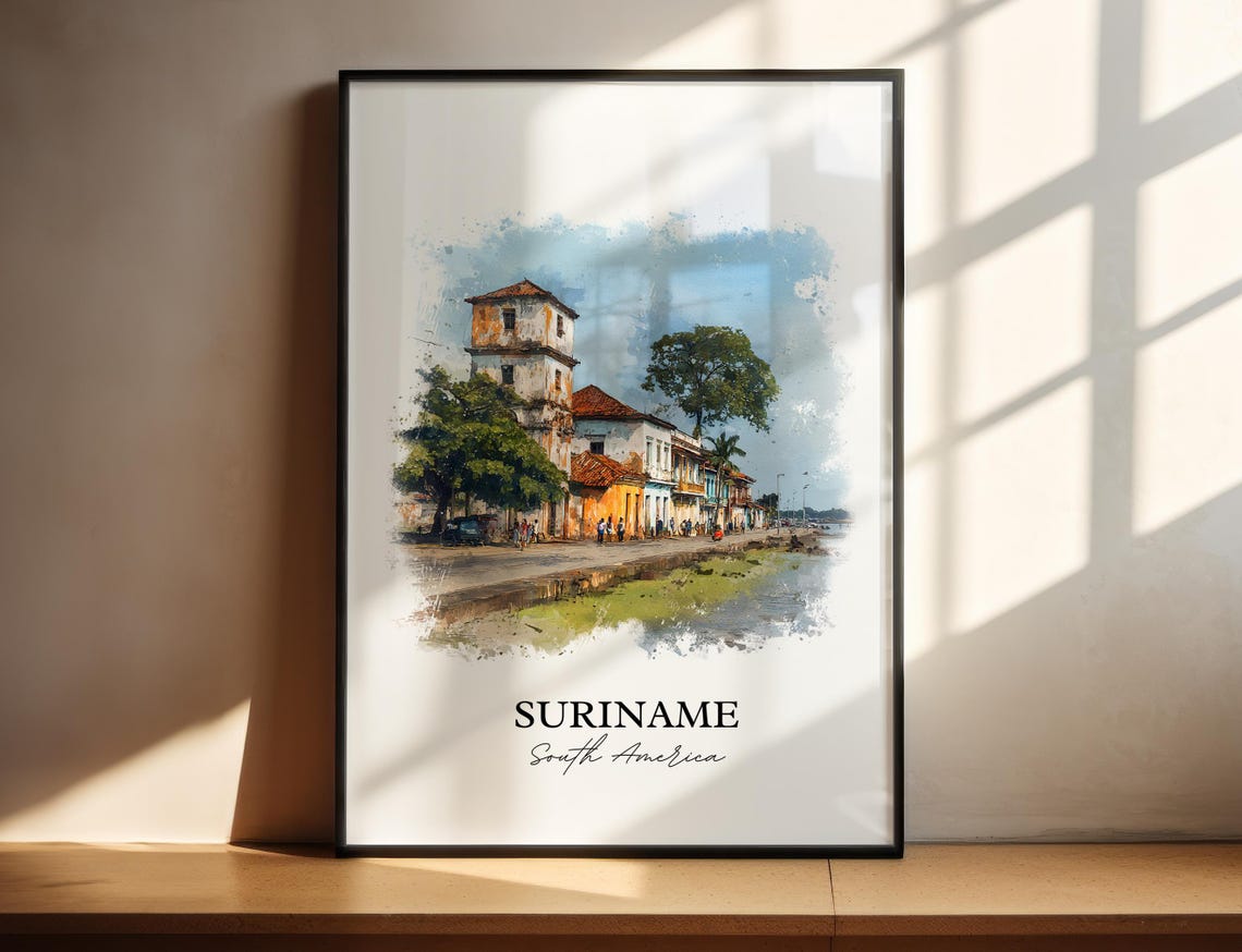Suriname South America Colonial Waterfront Watercolor Poster