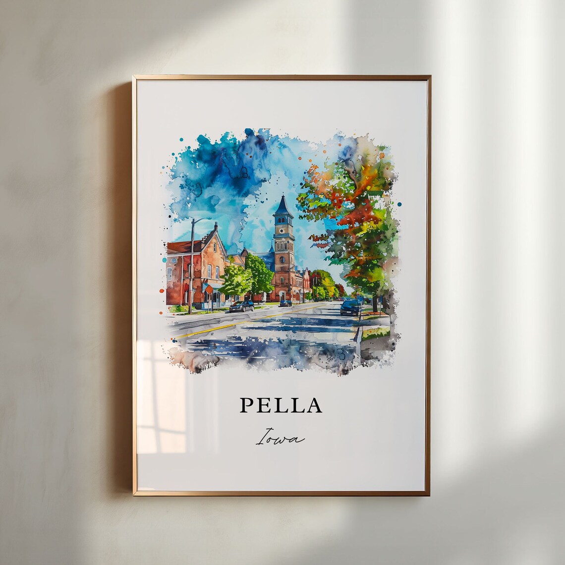 Pella Iowa Charming Main Street Church Watercolor Travel Poster