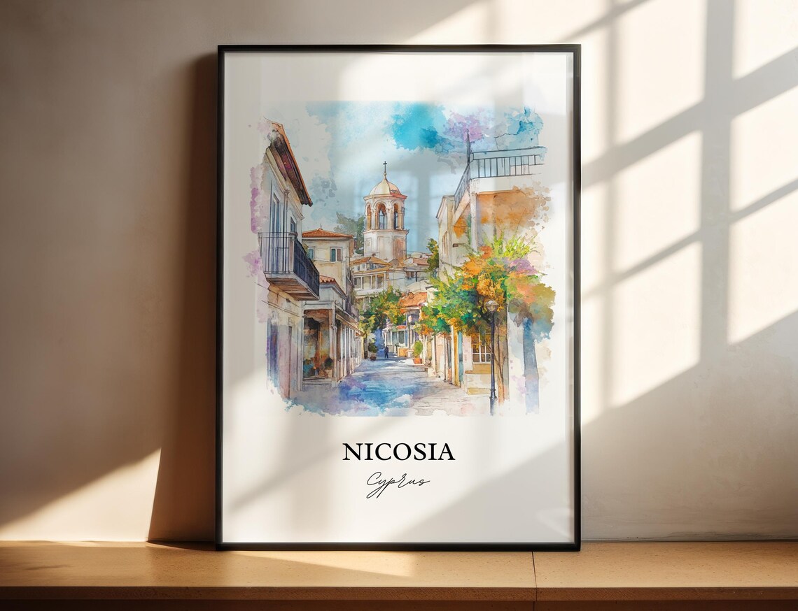 Nicosia Cyprus Old Town Street Bell Tower Watercolor Travel Poster