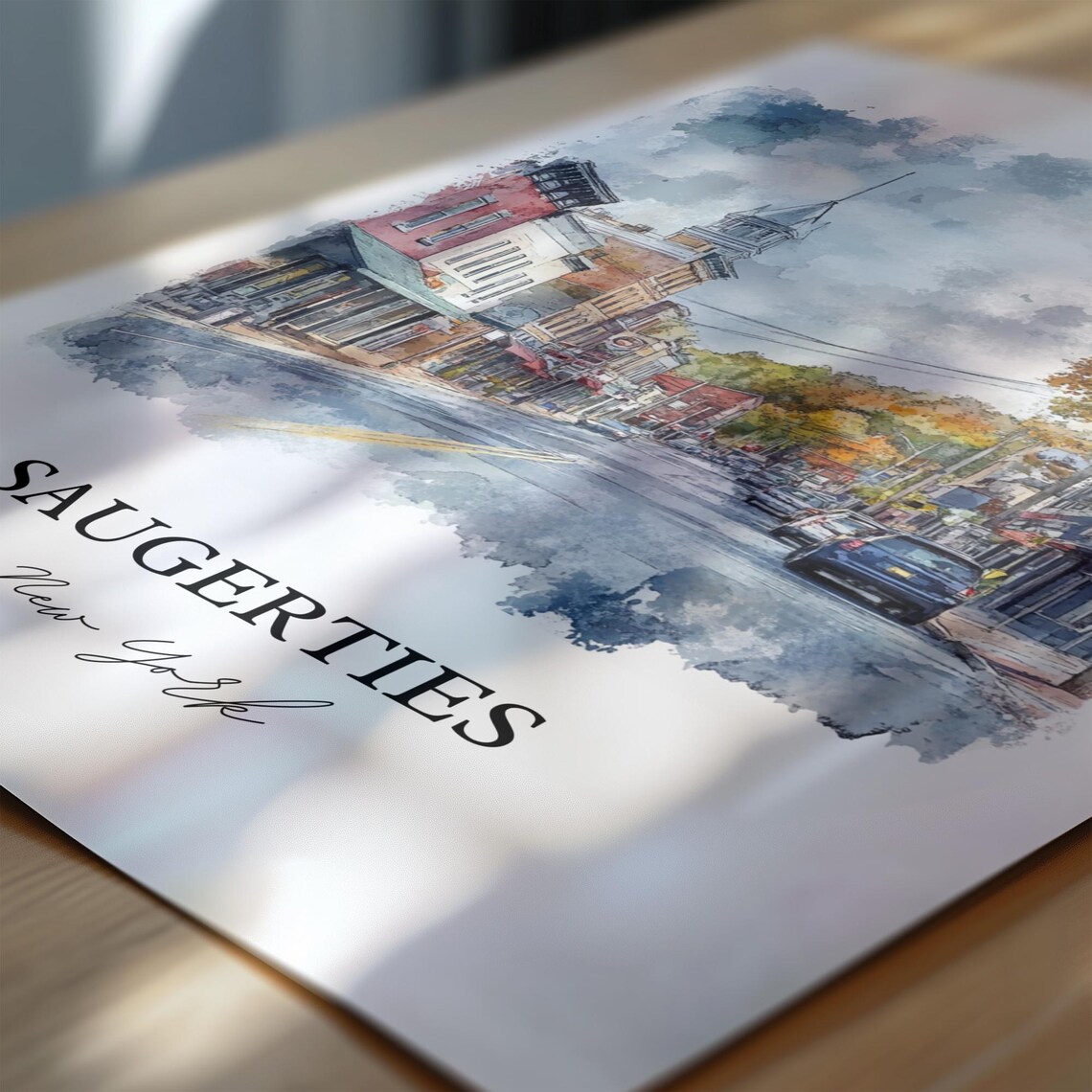 Saugerties New York Autumn Main Street Clock Tower Watercolor Poster - Image 6