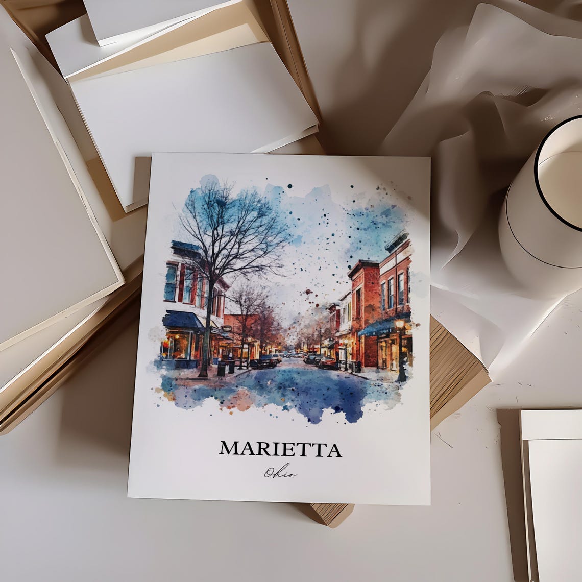 Marietta Ohio Watercolor Evening Downtown Main Street Poster - Image 3
