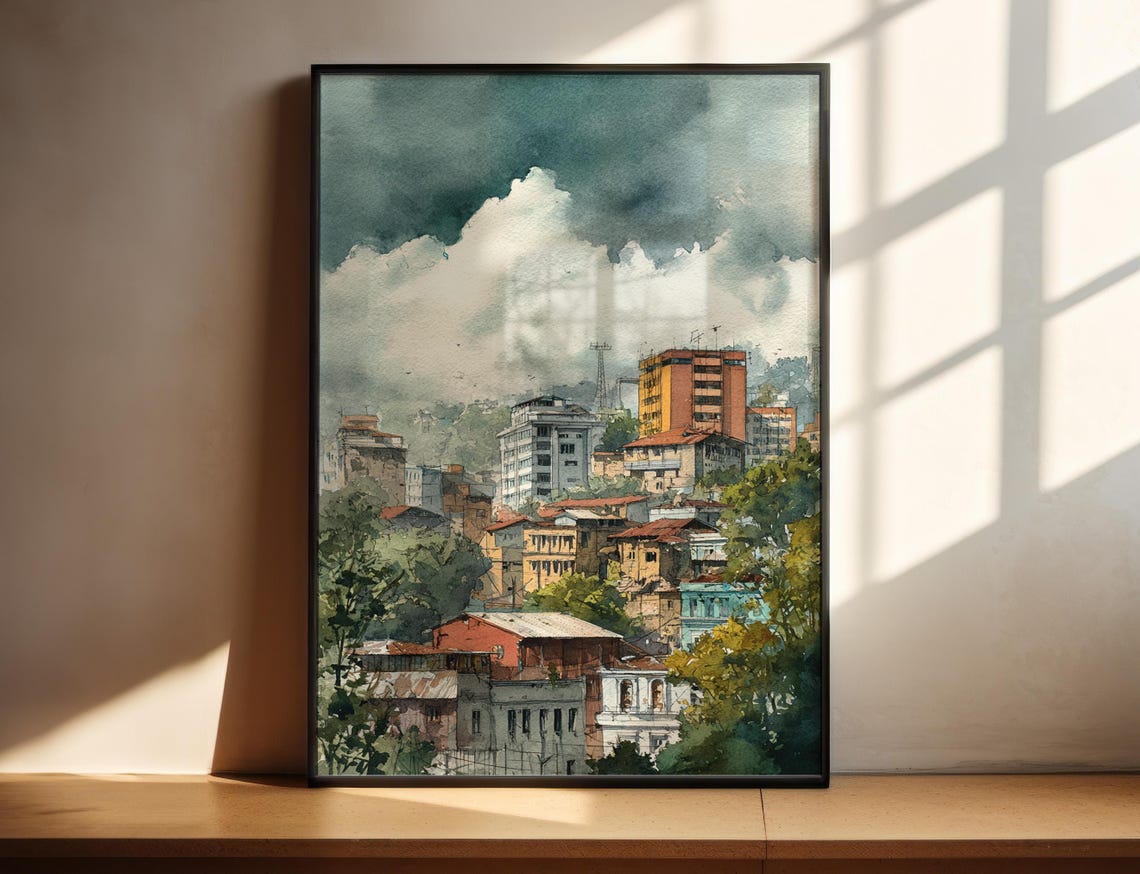 Addis Ababa Watercolor Cityscape Green Hills Travel Wall Poster