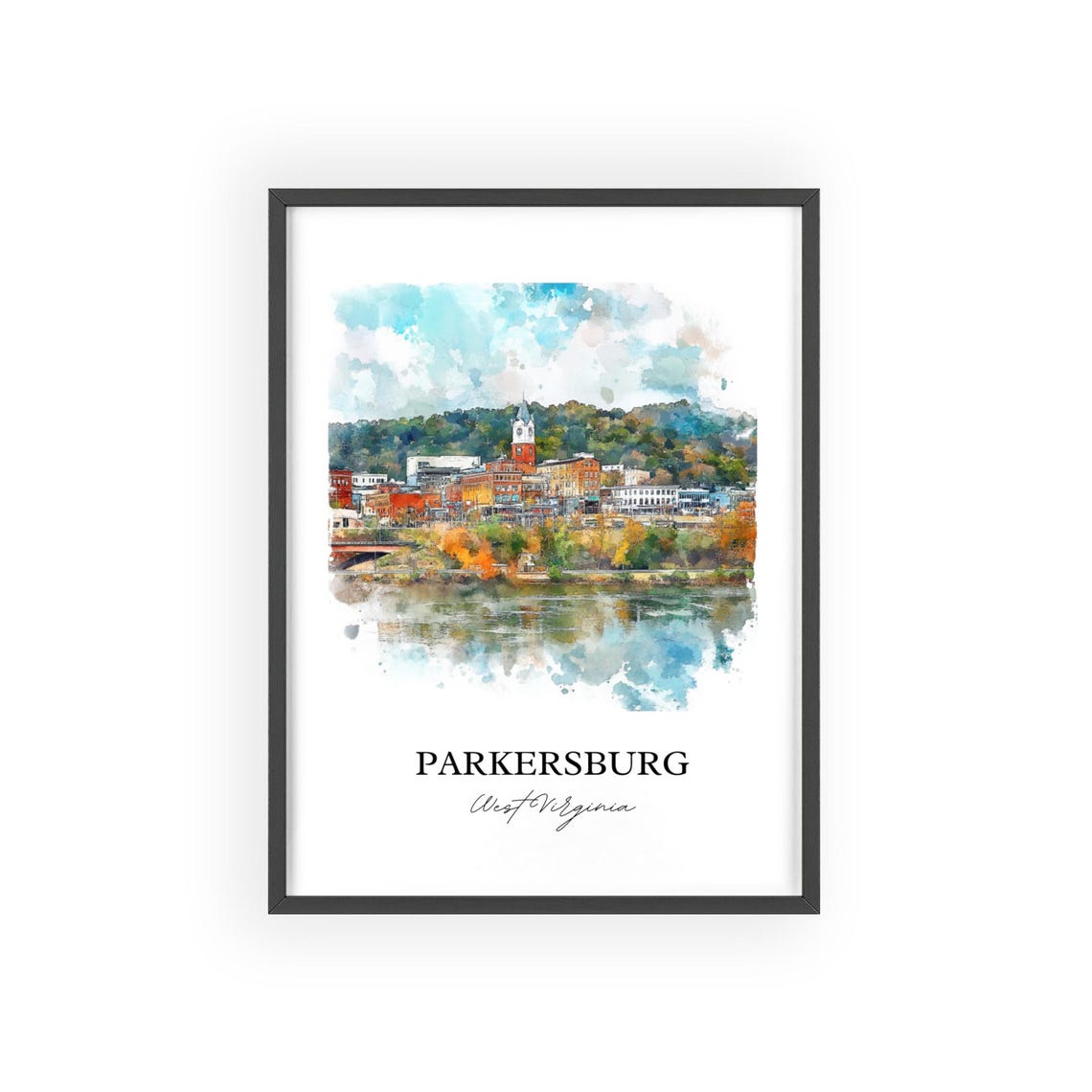 Parkersburg West Virginia Watercolor Riverside Town Clock Tower Poster - Image 2
