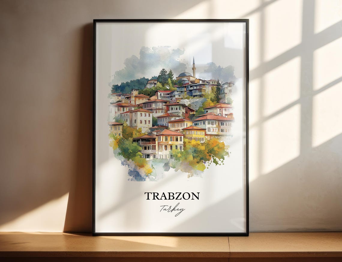 Trabzon Turkey Watercolor Old Town Hillside Houses Travel Poster