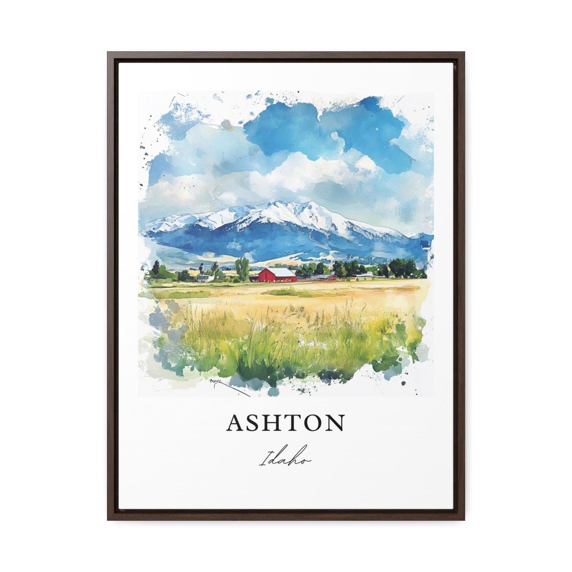 Ashton Idaho Classic Red Barn Snowy Mountain Farm Watercolor Poster - Image 3