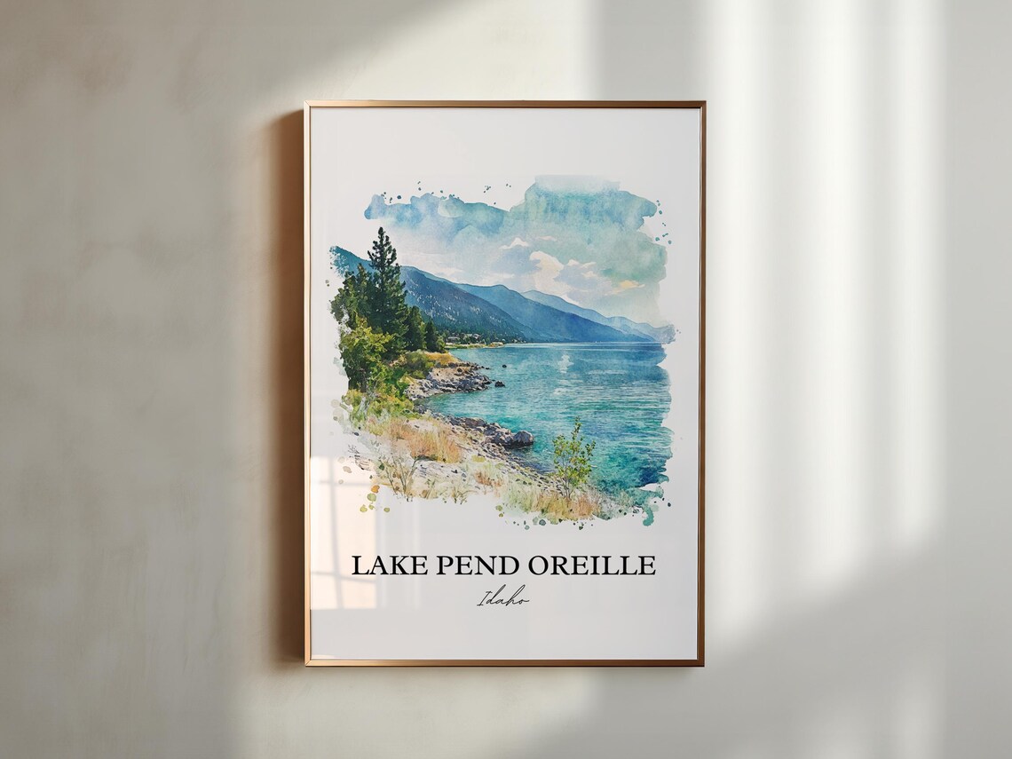 Lake Pend Oreille Idaho Watercolor Rocky Shore Mountain Scene Poster - Image 5