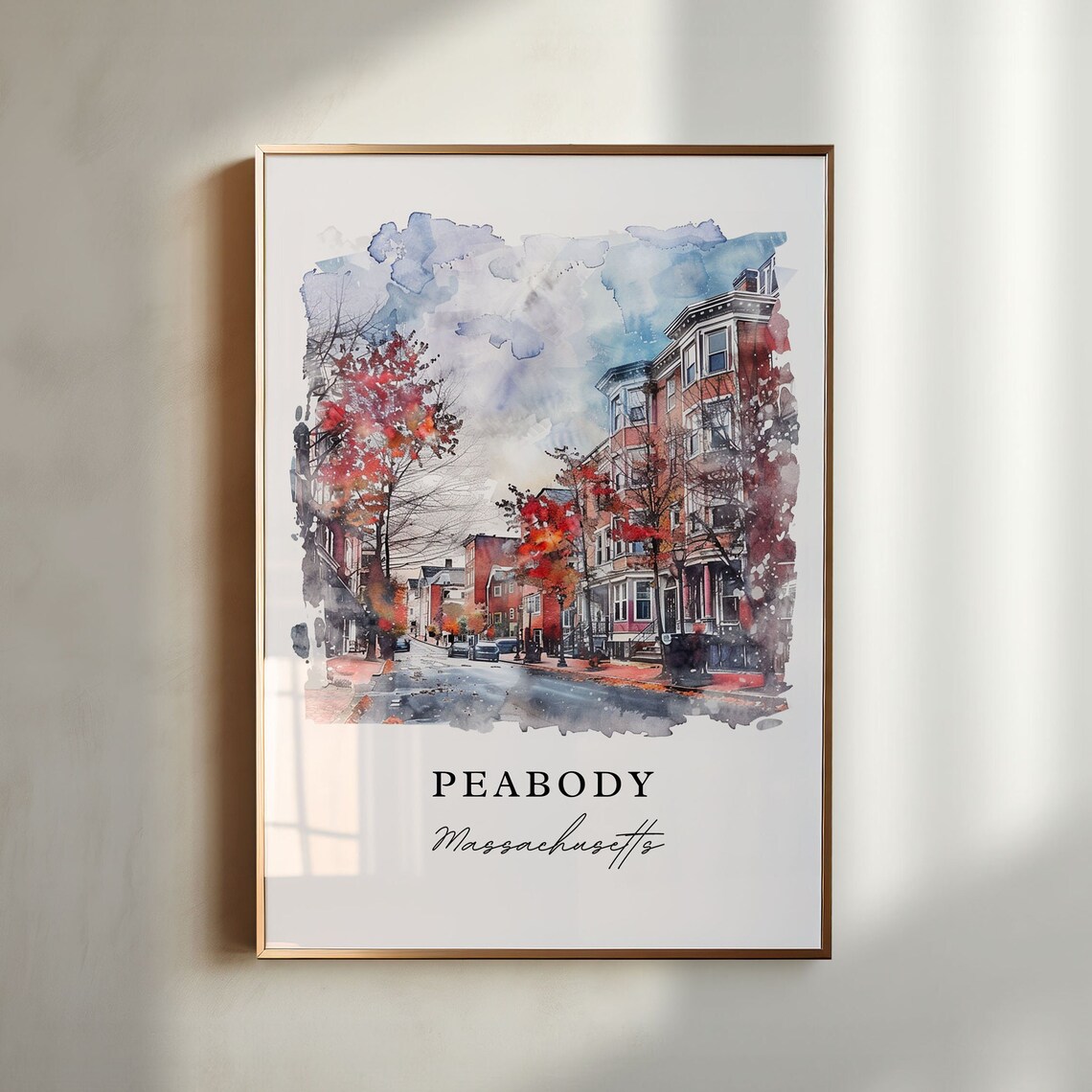 Peabody Massachusetts Autumn Street Watercolor Brick Rowhouse Poster