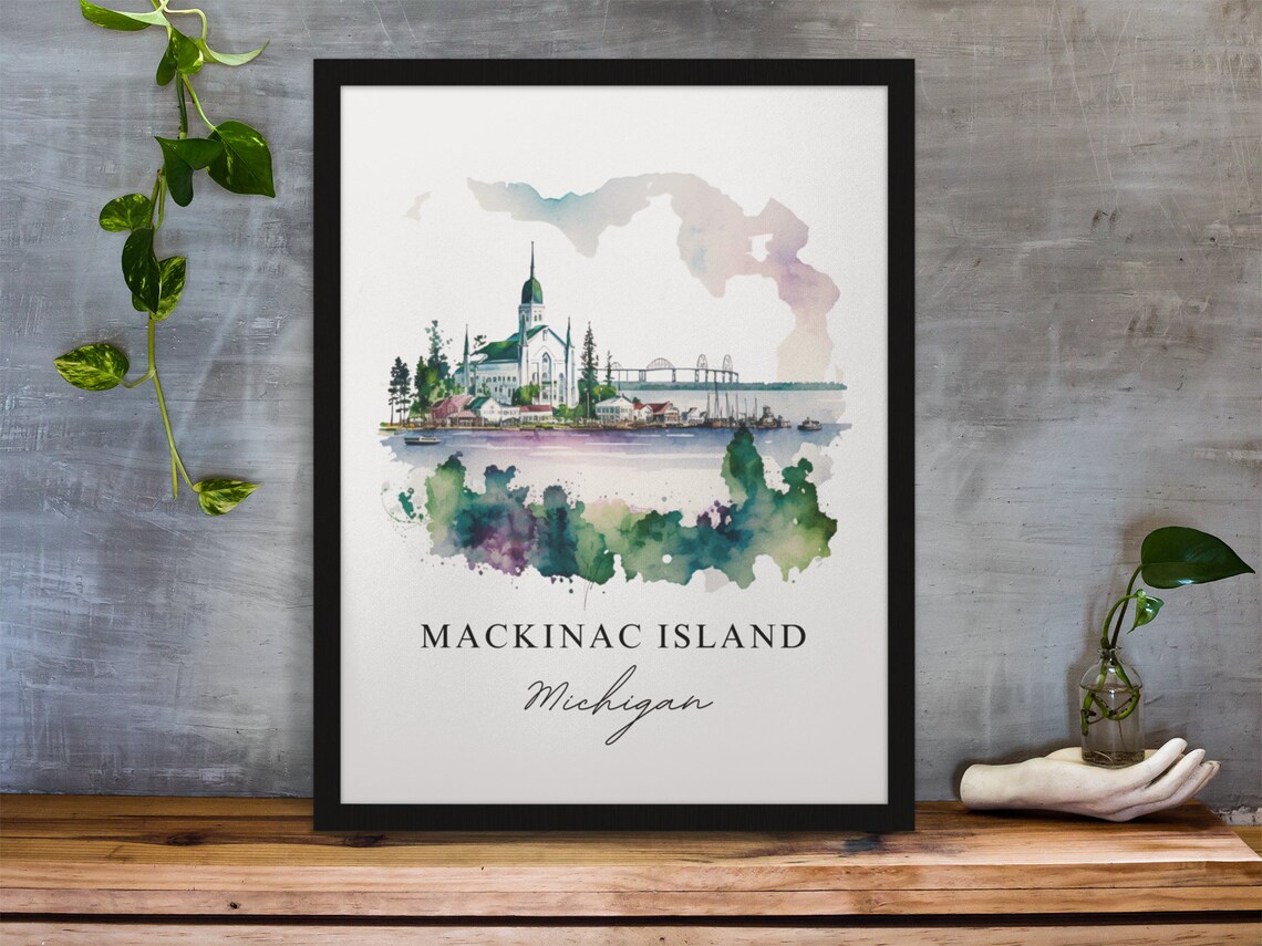 Mackinac Island Michigan Waterfront Church Watercolor Travel Poster