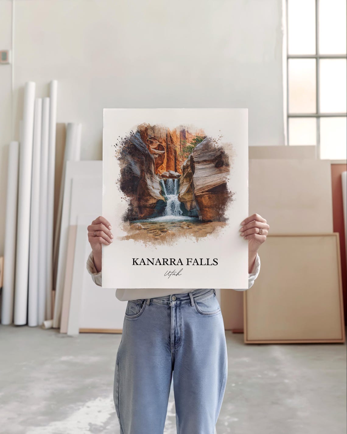 Kanarra Falls Utah Red Slot Canyon Cascade Watercolor Poster - Image 3