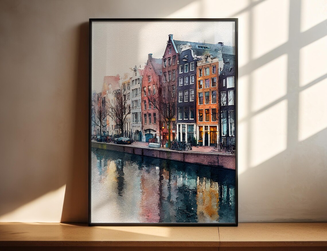 Amsterdam Canal Watercolor Gabled Houses Reflection Travel Poster