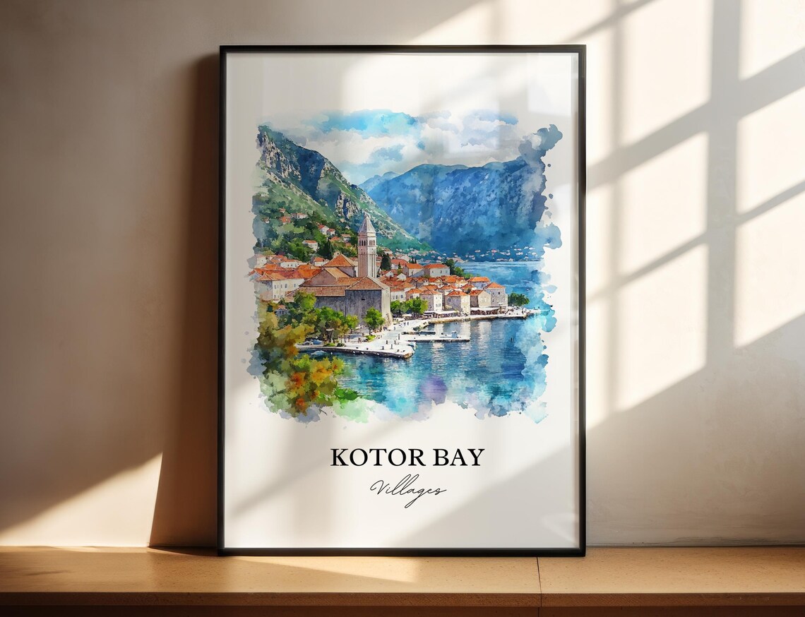Kotor Bay Villages Watercolor Coastal Town Montenegro Scenic Poster