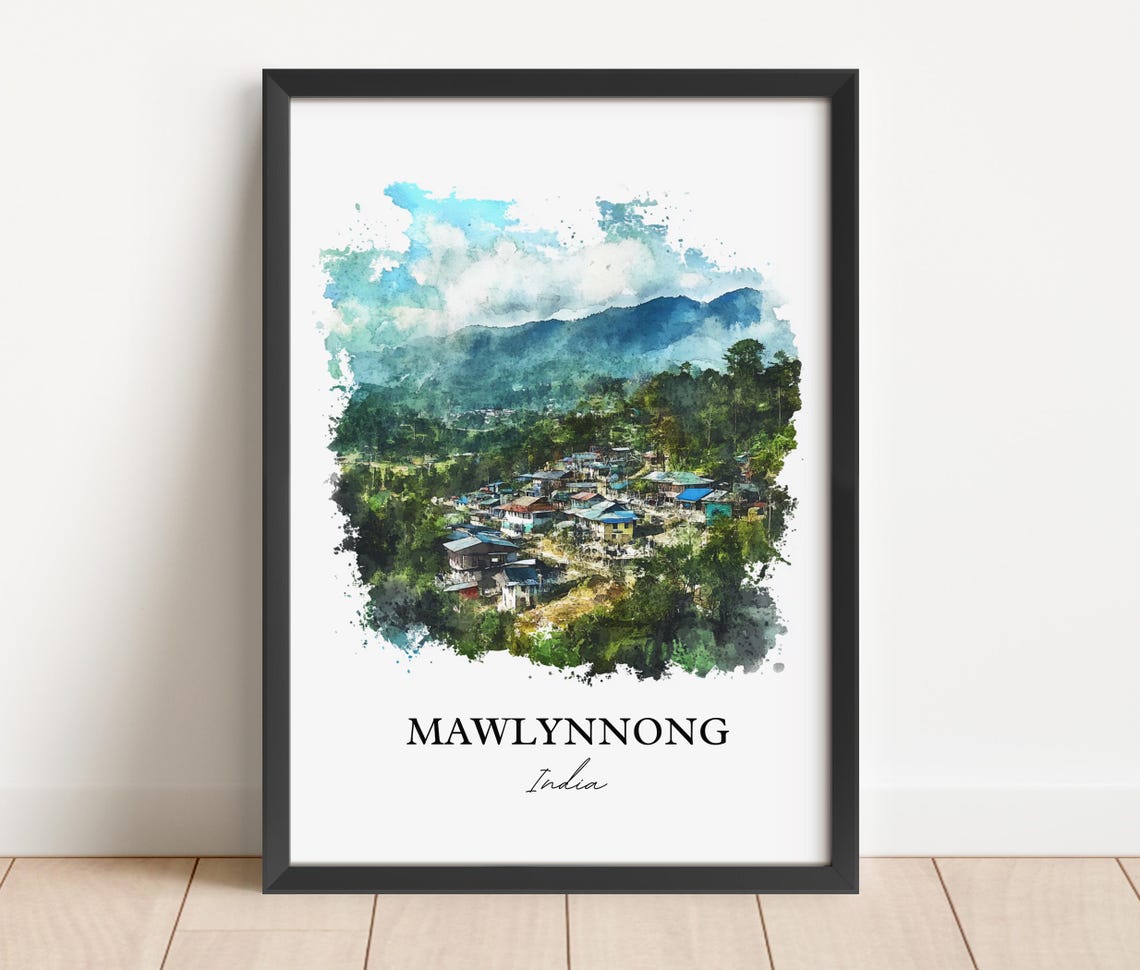 Mawlynnong India Watercolor Hillside Village Green Hills Poster - Image 2