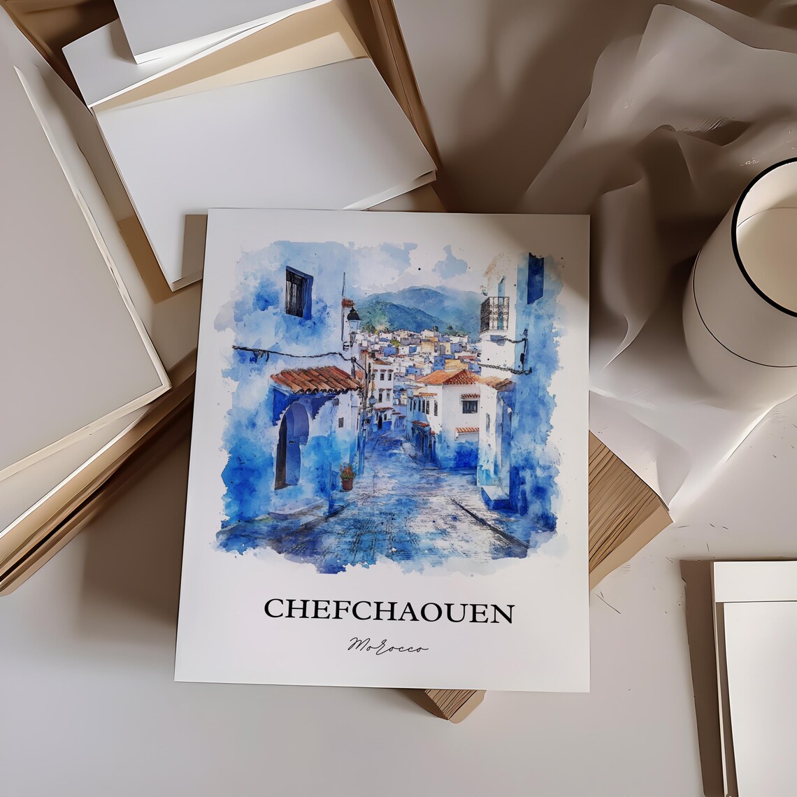 Chefchaouen Morocco Blue Medina Street Watercolor Travel Poster - Image 5