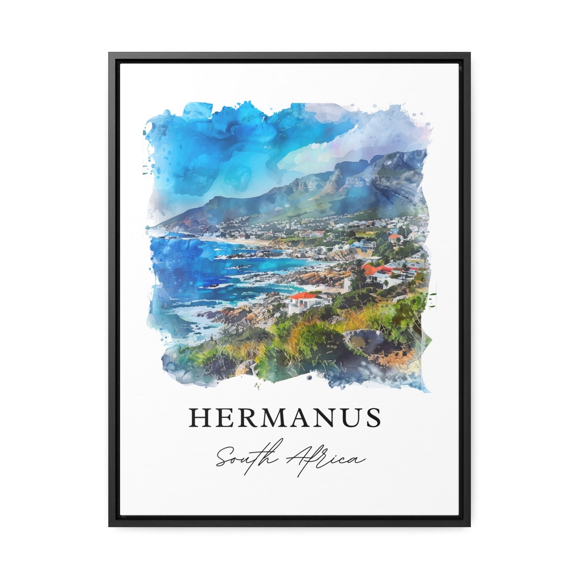 Hermanus South Africa Watercolor Coastal Town Beneath Mountains Poster