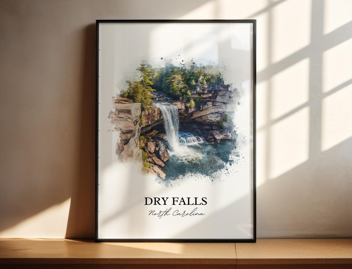 Dry Falls North Carolina Cliff Overhang Cascade Watercolor Poster