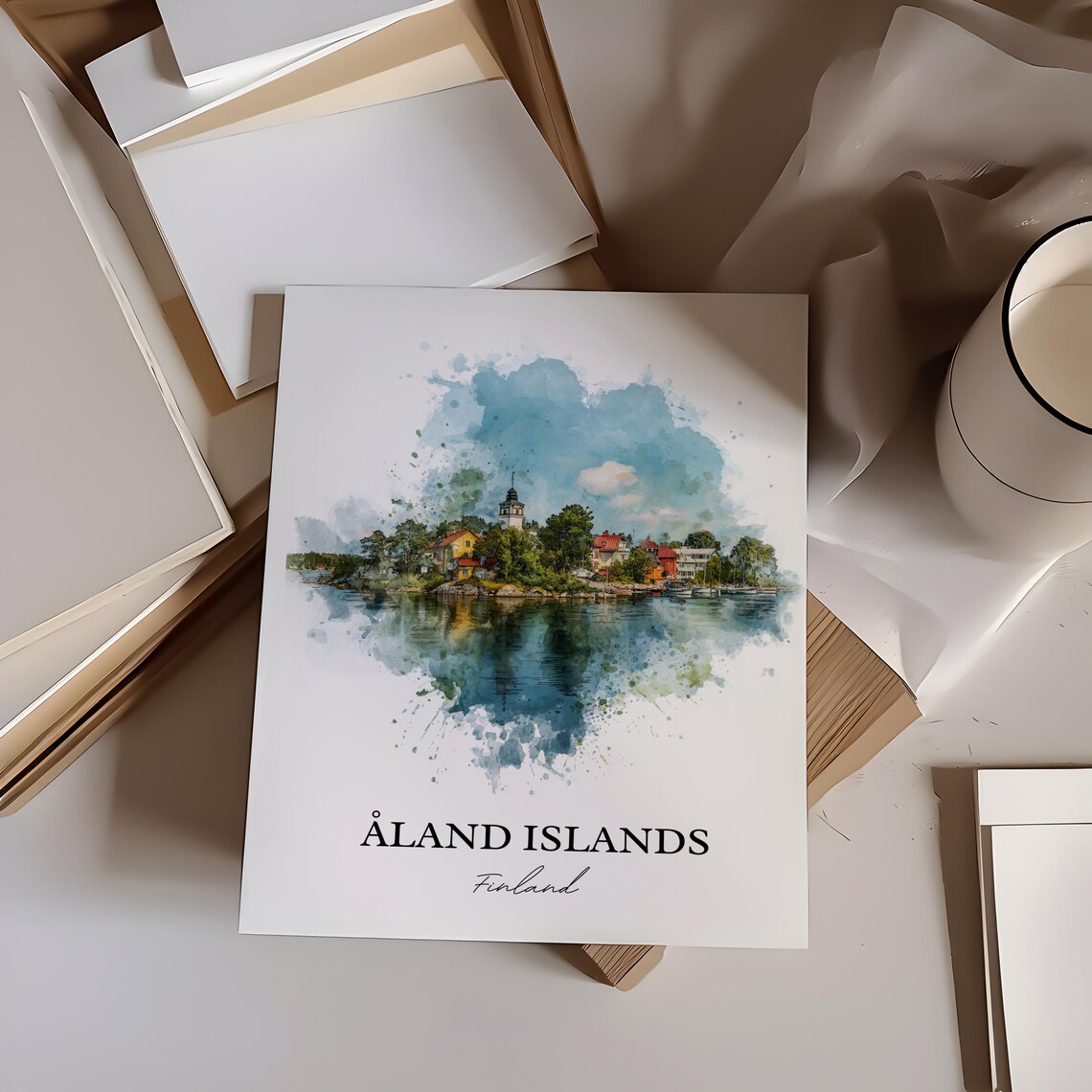 Aland Islands Finland Harbor Town Watercolor Travel Poster Gift - Image 2